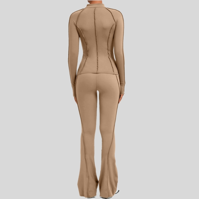 Thumb-buckle zipper jacket + slightly flared pants + sports bra 3-piece set