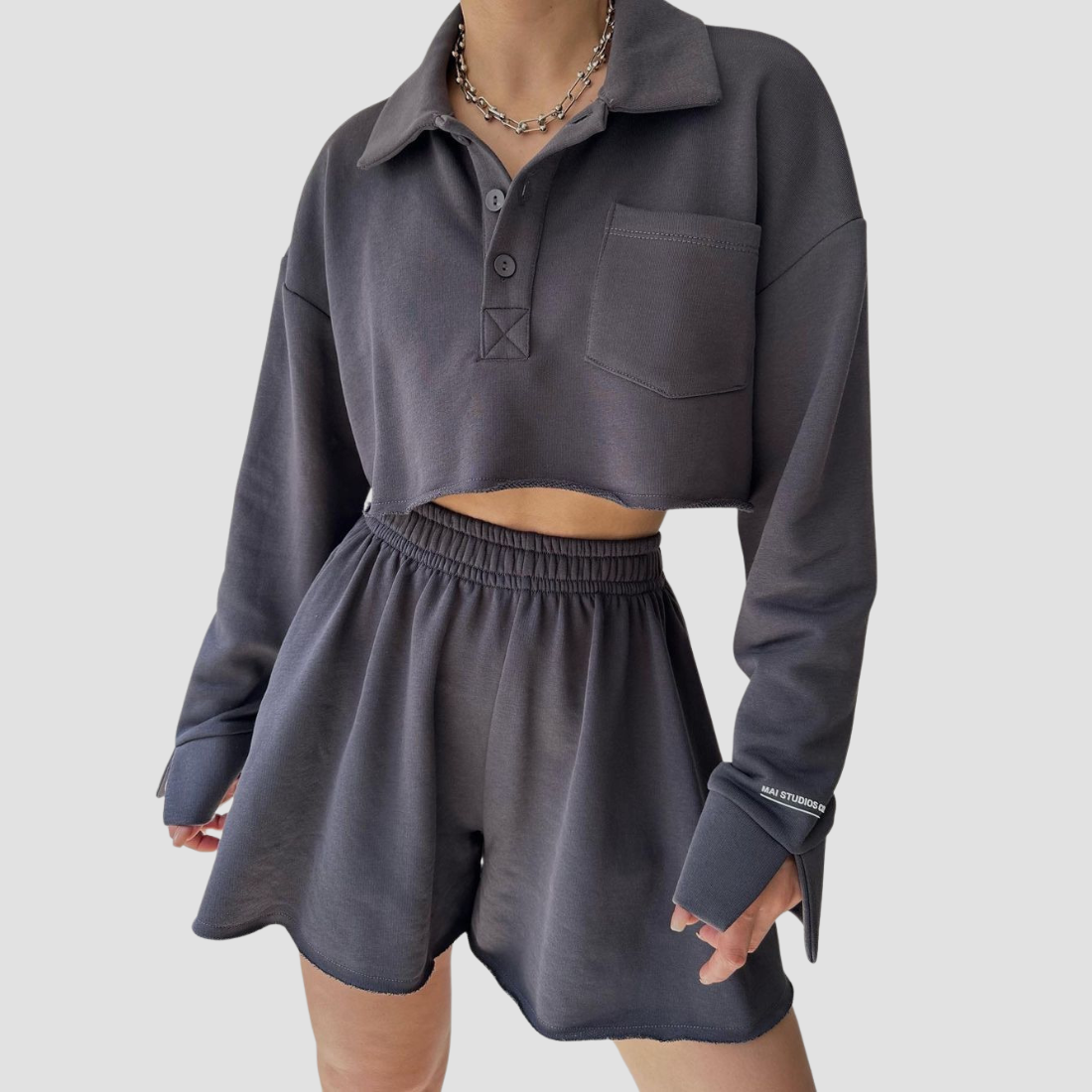 Wholesale Women's Long Sleeve Crop Cardigan & Drawstring Shorts Set – Casual Two-Piece TZ8040