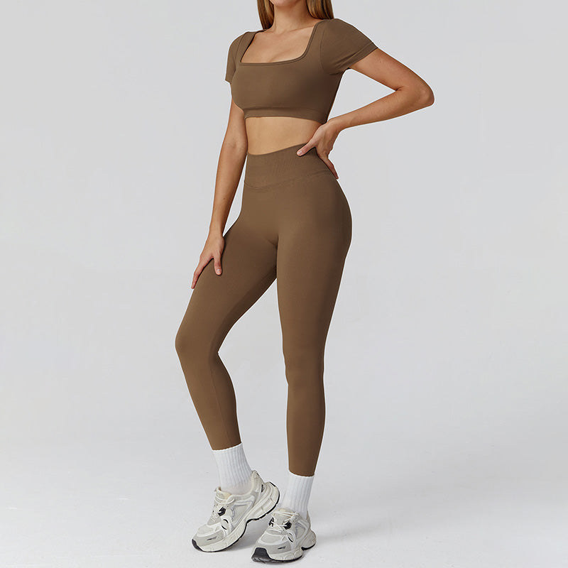 Seamless Short Sleeve Sports Top + hoch taillierte Leggings 2-teilige Leggings