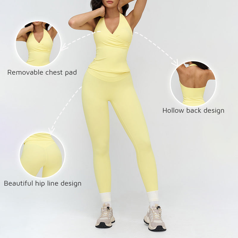 Halter neck backless tank top + high-waisted leggings 2-piece set