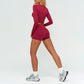 Slim-fitting long-sleeved top + tight-fitting athletic shorts 2-piece set