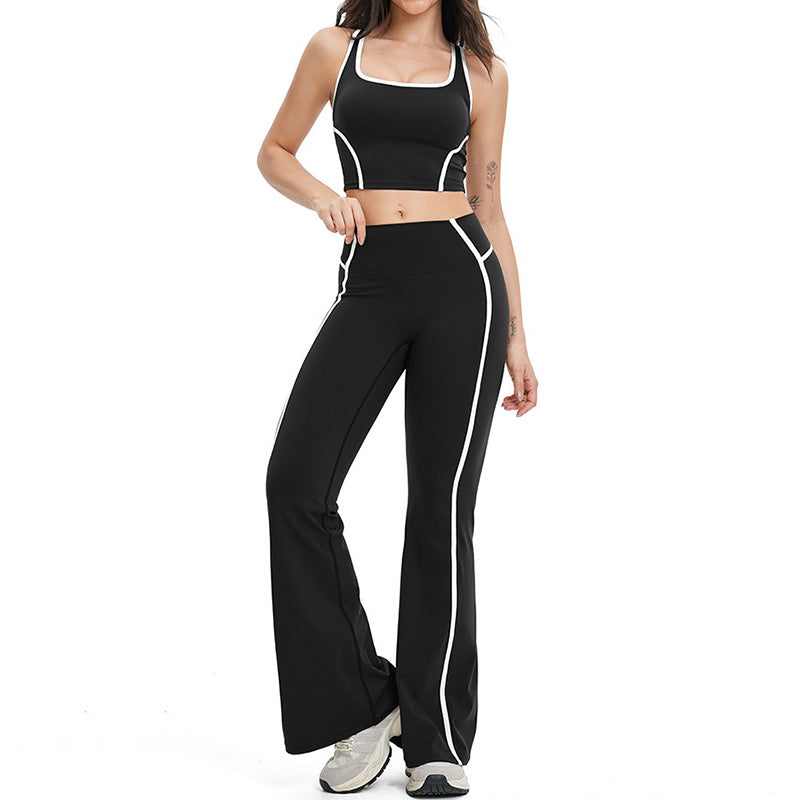Women's contrasting color backless tank top + high-waisted flared pants 2-piece set