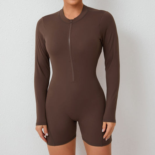 backless half zipper long sleeve yoga shorts jumpsuit