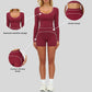 Color-blocked long-sleeved sports top+High waisted shorts 2-piece set
