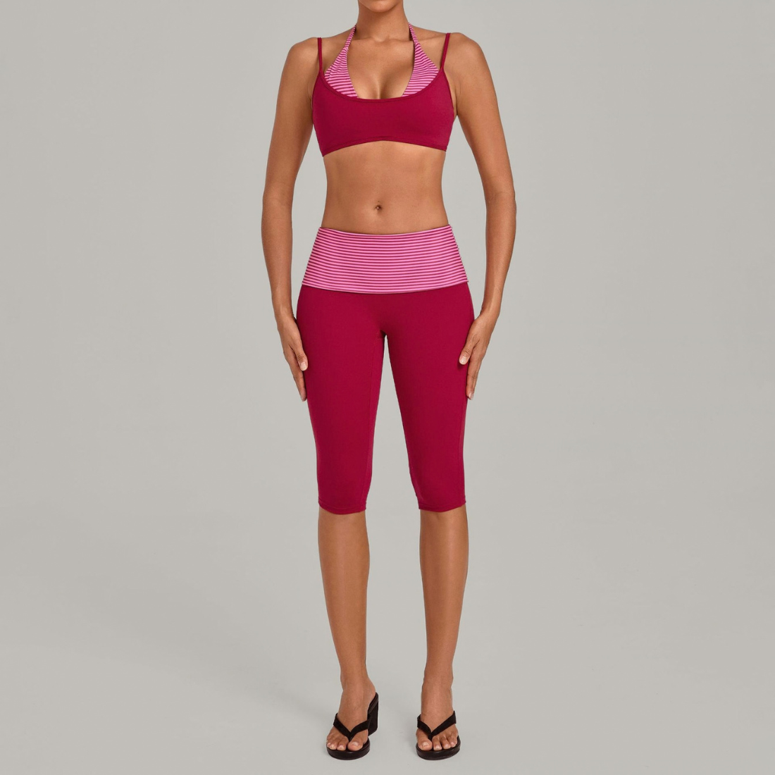 Wholesale Women's Faux-layered Bra Bra+Fold-over Waistband Shorts 2-Piece Set