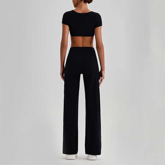 Wholesale Women's Short Sleeve Exposed Back Bra+Naked Feel Straight Leg Pants Yoga Set