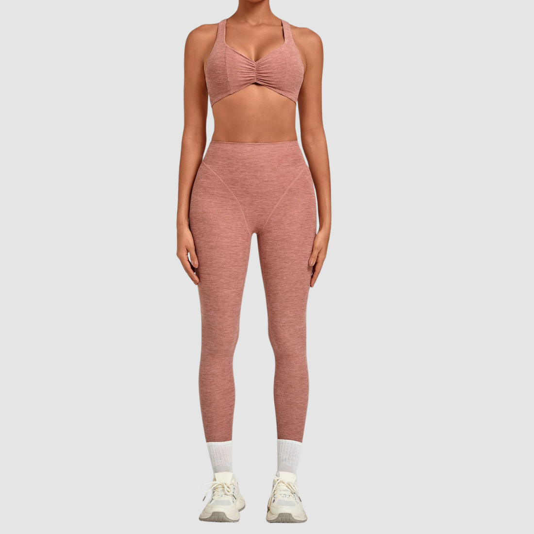 [Wholesale Women’s Ruched Sports Bra & High-Waist Leggings Yoga Set – 9291+1567]