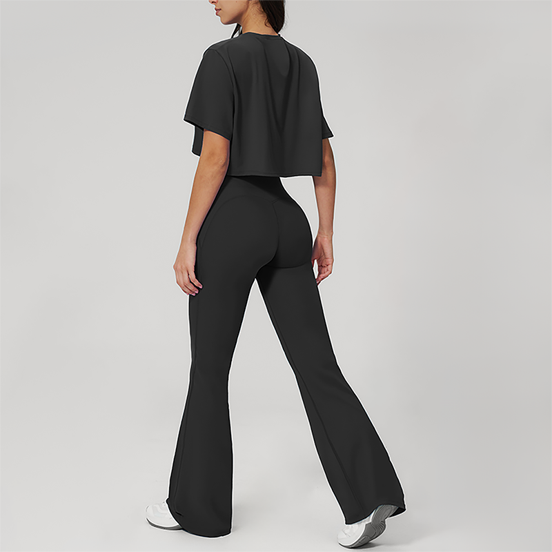 Wholesale round neck short sleeved top+flared pants 2-piece set