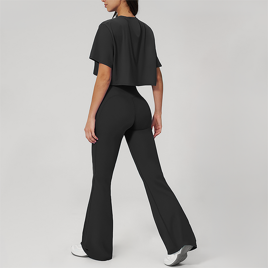 Wholesale round neck short sleeved top+flared pants 2-piece set