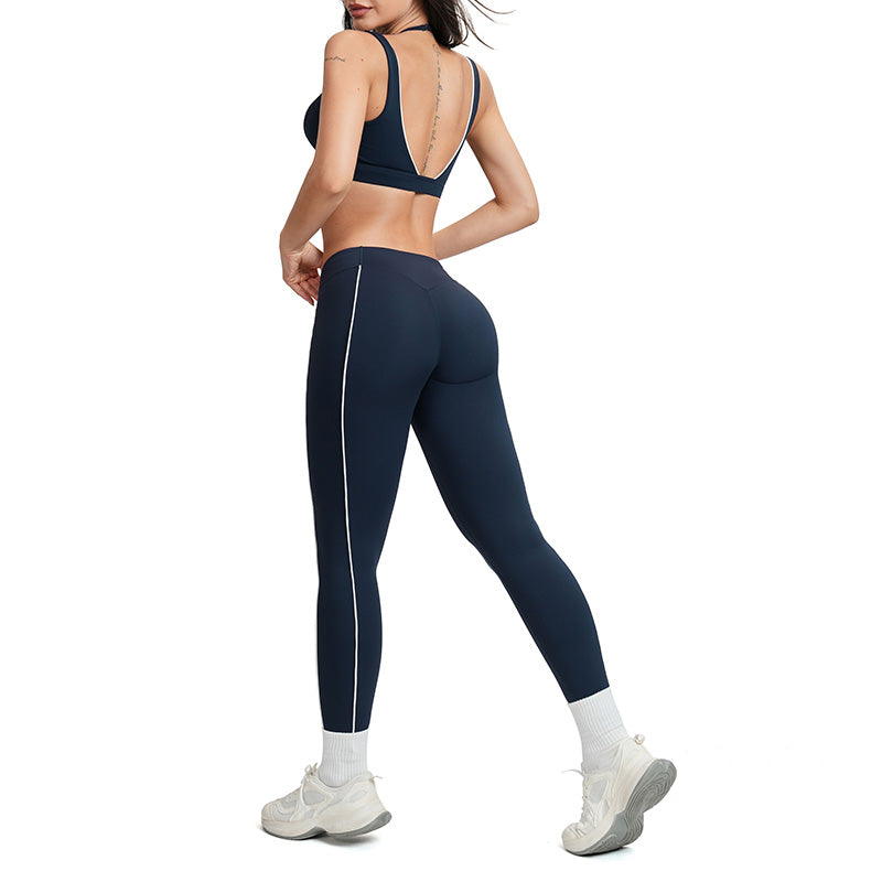 Color-block backless bra + high-waisted leggings 2-piece set