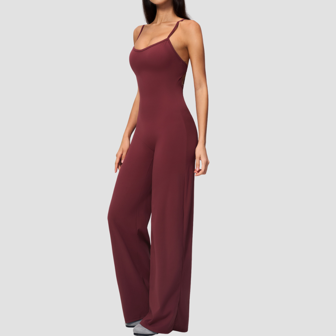 Wholesale Women's Brushed Yoga Jumpsuit – Cross Back Wide-Leg Athletic Bodysuit w/ Chest Pad