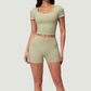 Wholesale Women's Seam-Detail Colorblock Short Sleeve Crop Top – Butt-Lifting Yoga Gym Activewear FDX2036