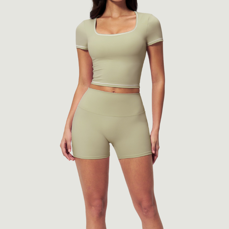 Wholesale Women's Seam-Detail Colorblock Short Sleeve Crop Top – Butt-Lifting Yoga Gym Activewear FDX2036