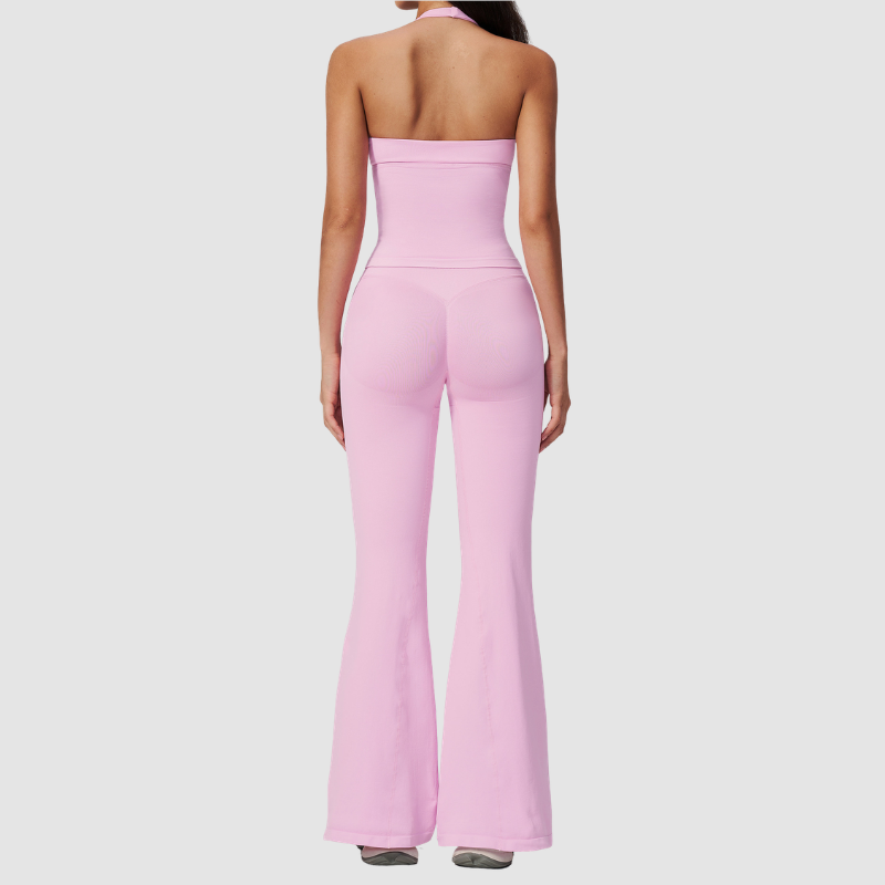 Wholesale Women's V-Neck Halter Sports Bra & Flare Pants Set – Seamless Ribbed Yoga Activewear
