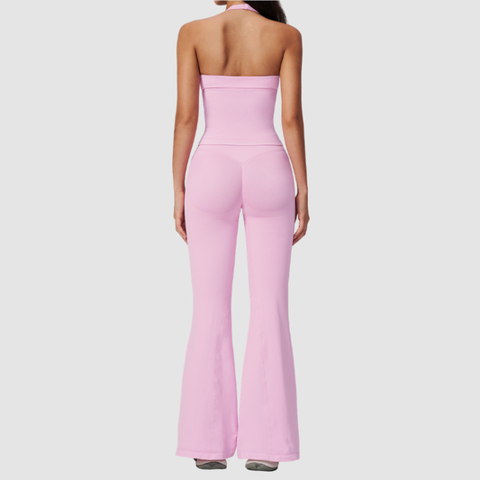 Wholesale Women's V-Neck Halter Sports Bra & Flare Pants Set – Seamless Ribbed Yoga Activewear
