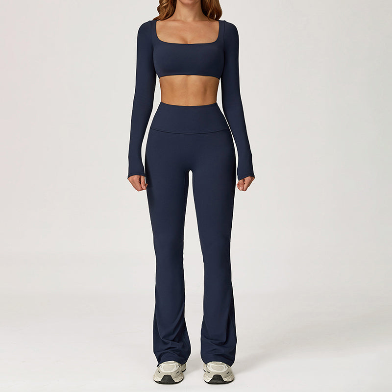 Solid color yoga fitness long sleeve + flared leg pants two-piece set