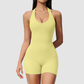Wholesale Women's Halter-Neck V-Back One-Piece Yoga Bodysuit with Built-in Shorts