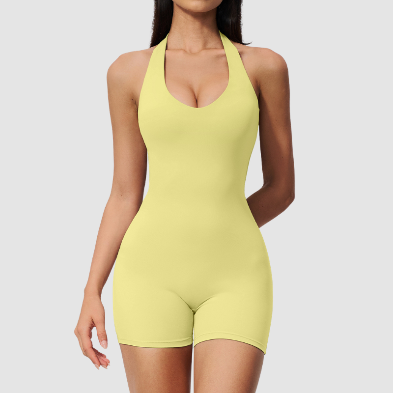 Wholesale Women's Halter-Neck V-Back One-Piece Yoga Bodysuit with Built-in Shorts