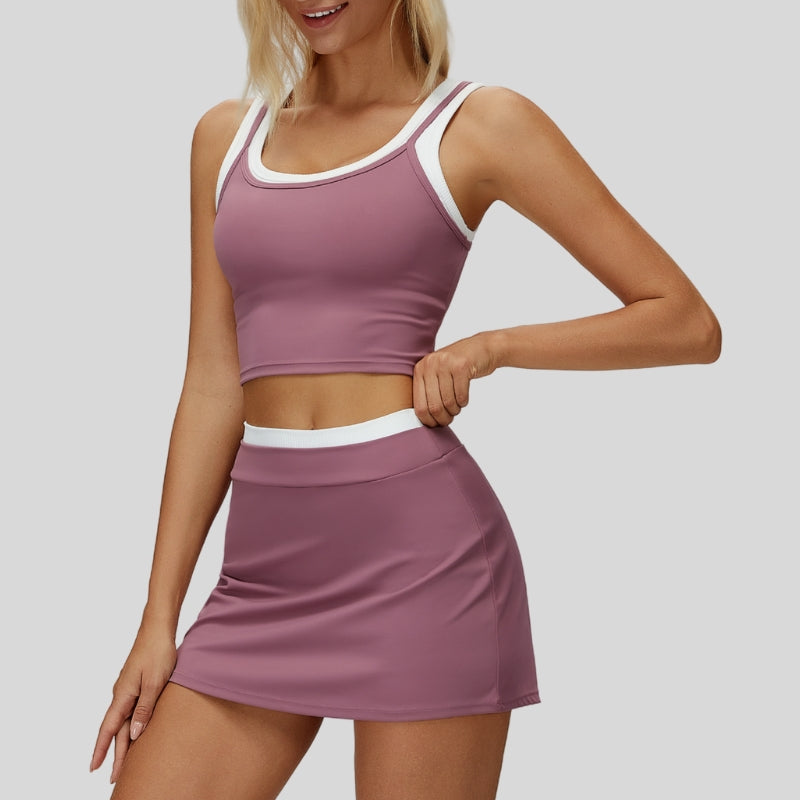 Two-piece contrasting sports tank top + A-line skirt