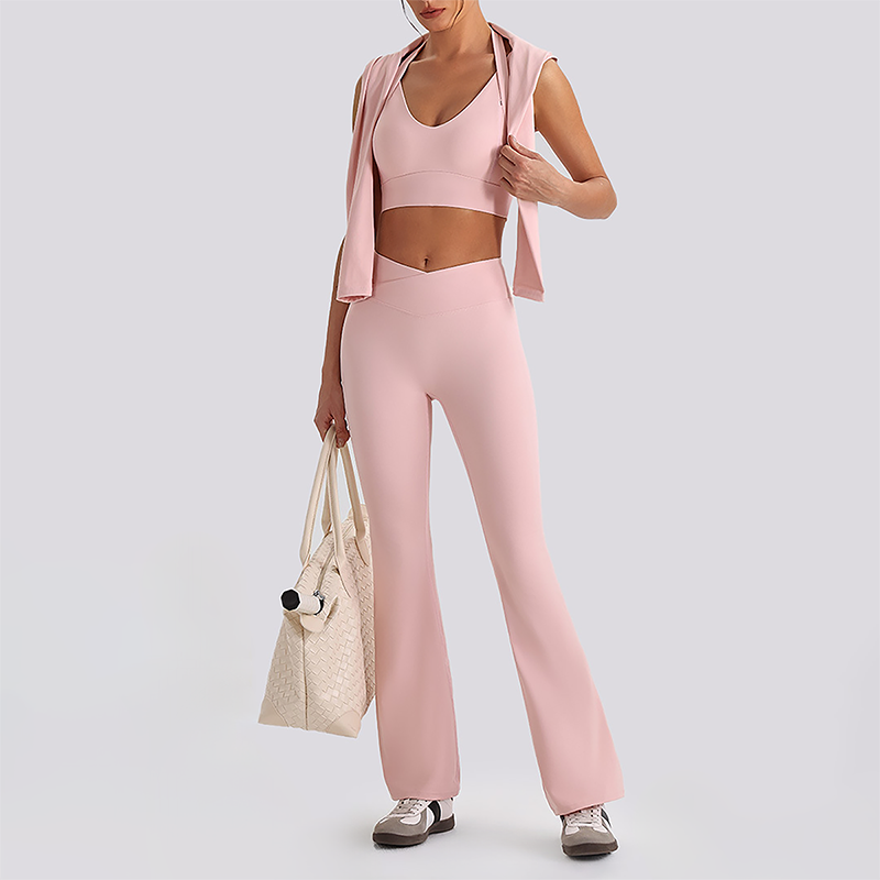 Wholesale Women's Zip-Up Long Sleeve Crop Top & High Waist Leggings Set