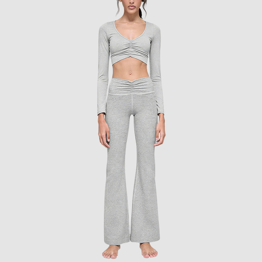 Wholesale Women's Cationic Long Sleeve Top & Wide-Leg Pants Set – Draped Yoga Set