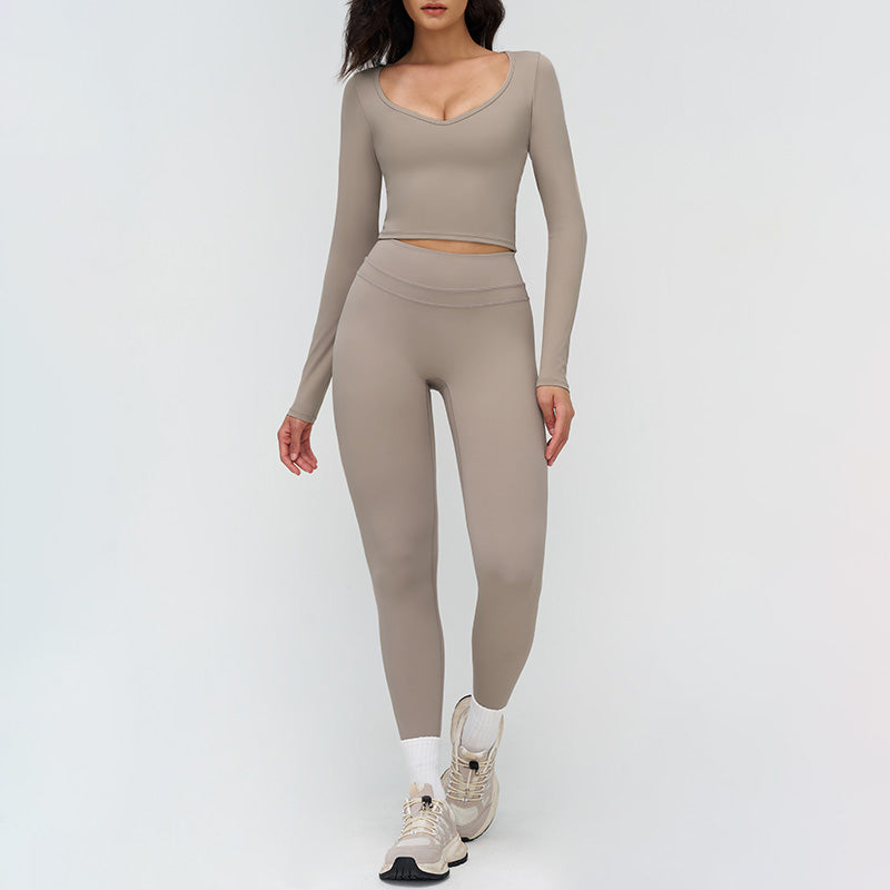 V-neck slim-fit long-sleeved top + High waist leggings 2-piece set