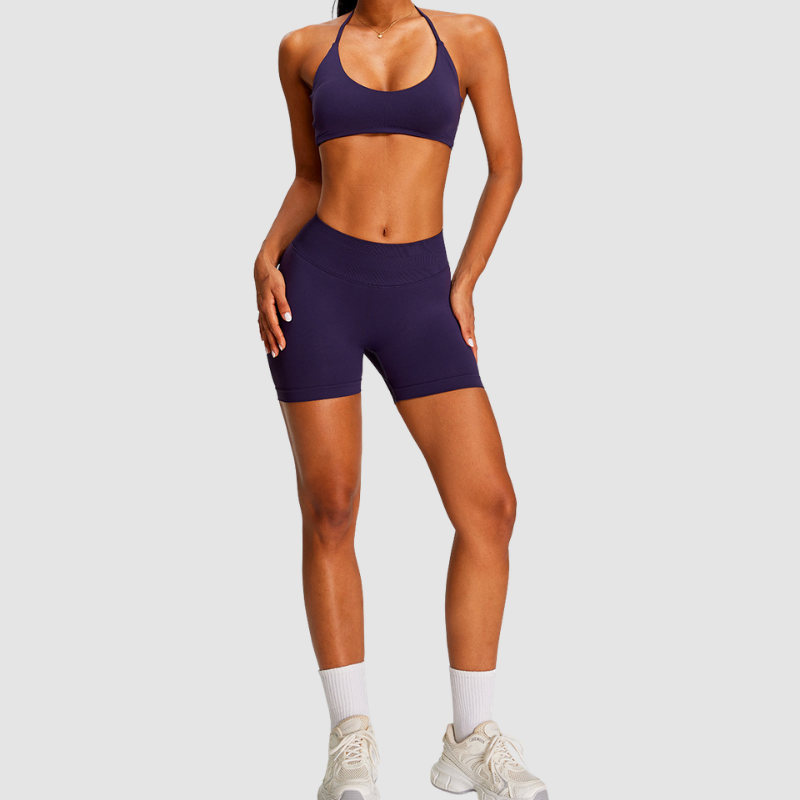 Wholesale Seamless Halter Sports Bra & High-Waist Biker Shorts Set – Naked-Feel Peach-Lift Yoga 2-Piece