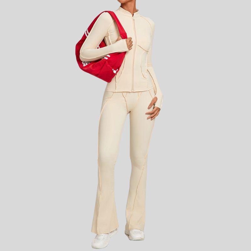 Thumb-buckle zipper jacket + slightly flared pants+2-piece set