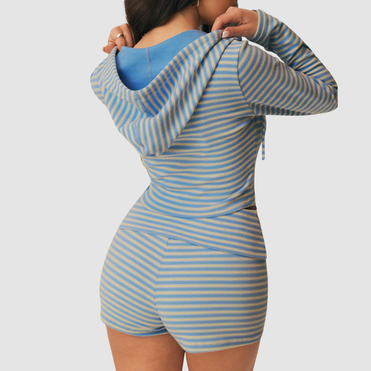 Wholesale Women's Striped Hooded Jacket & Foldover Shorts Set
