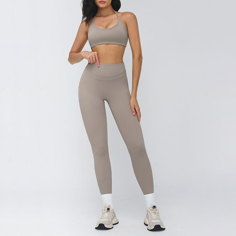 Halter-neck open-back sports bra + high-waisted leggings 2-piece set