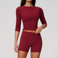 Wholesale Women's 3/4 Sleeve Crop Top & Biker Shorts Set – Seamless Yoga Activewear