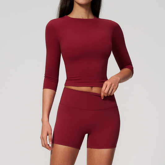Wholesale Women's 3/4 Sleeve Crop Top & Biker Shorts Set – Seamless Yoga Activewear