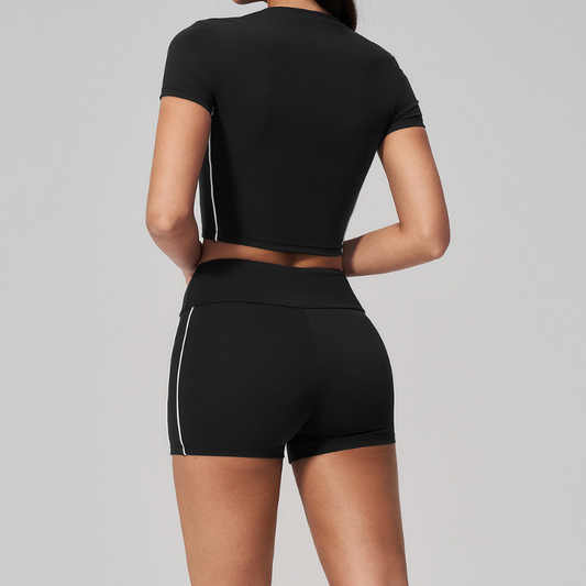 Wholesale Women's Brushed Short Sleeve Crop Top & High-Waist Shorts Set – Padded Yoga Fitness 2-Piece
