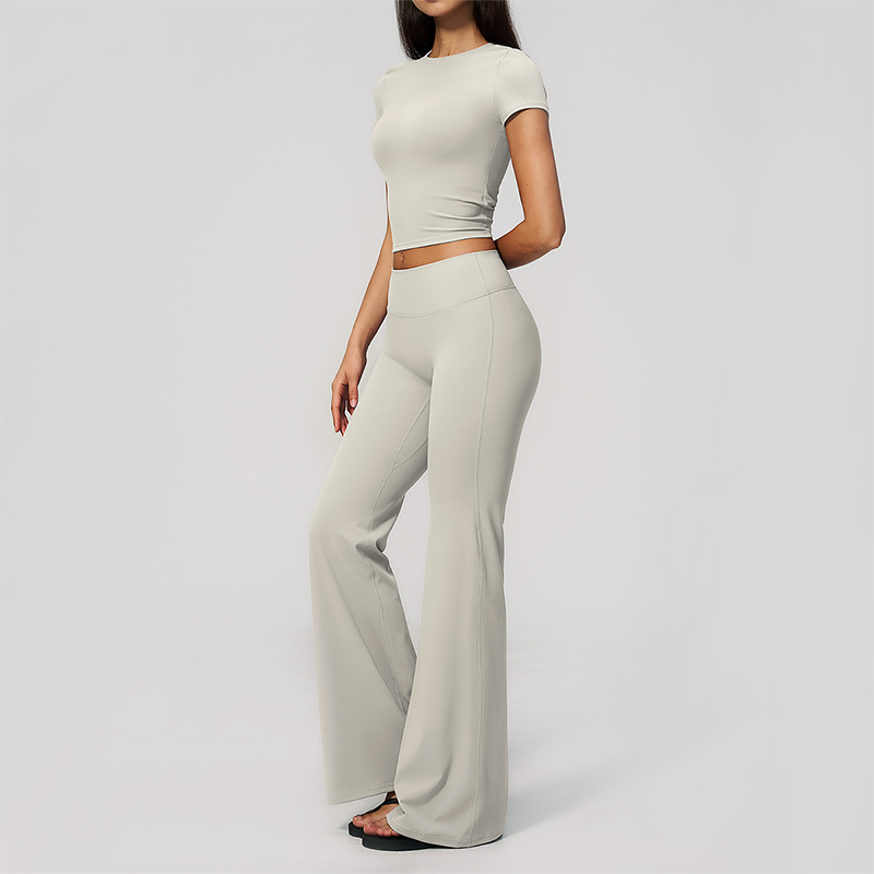 Wholesale Women's Buttery Soft Short Sleeve Crop Top & Flare Pants Yoga Set