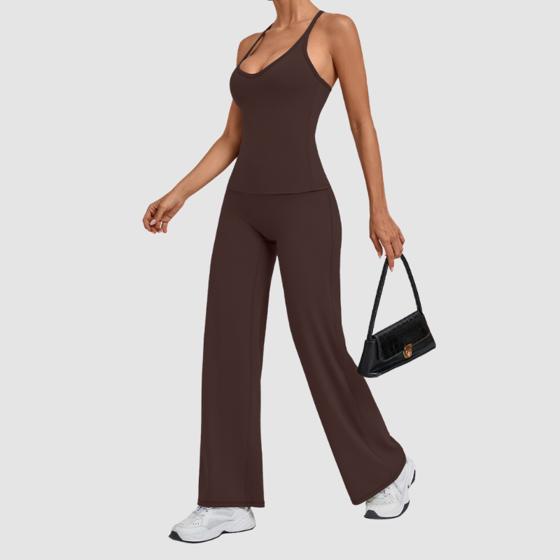 Wholesale Women's Racerback Yoga Set – Double-Layer Chest Pad Cross Waist Flare Pants