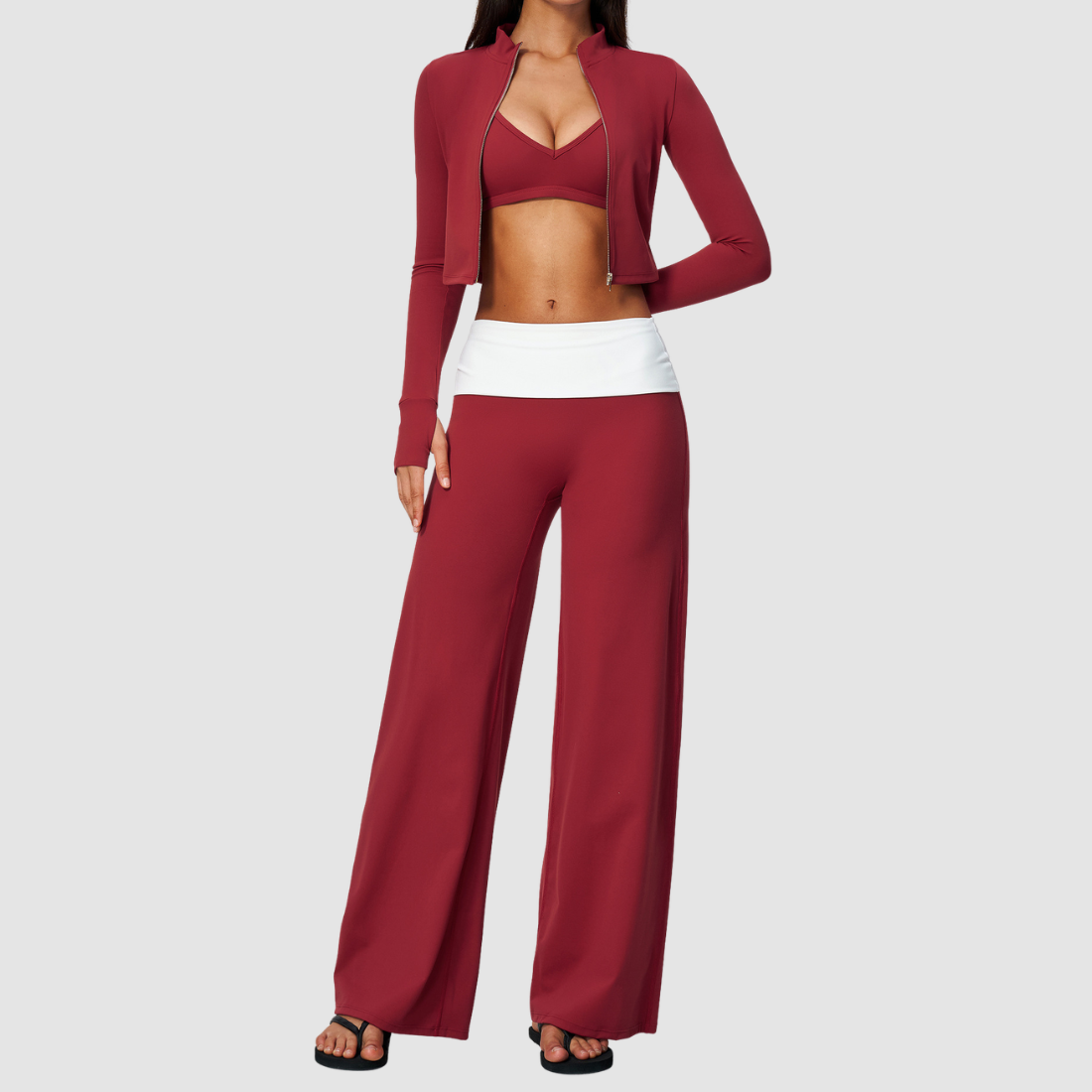 Wholesale Women’s 3-Piece Zip Jacket, Sports Bra & Wide-Leg Yoga Pants Set