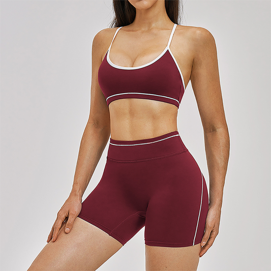 Wholesale Color Block Naked Yoga Halter Bra+Tight Shorts 2-Piece Set