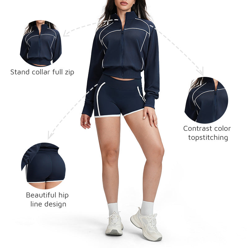 Color-blocked loose-fitting jacket + high-waisted shorts 2-piece set
