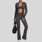 Thumb-buckle zipper jacket + slightly flared pants + sports bra 3-piece set