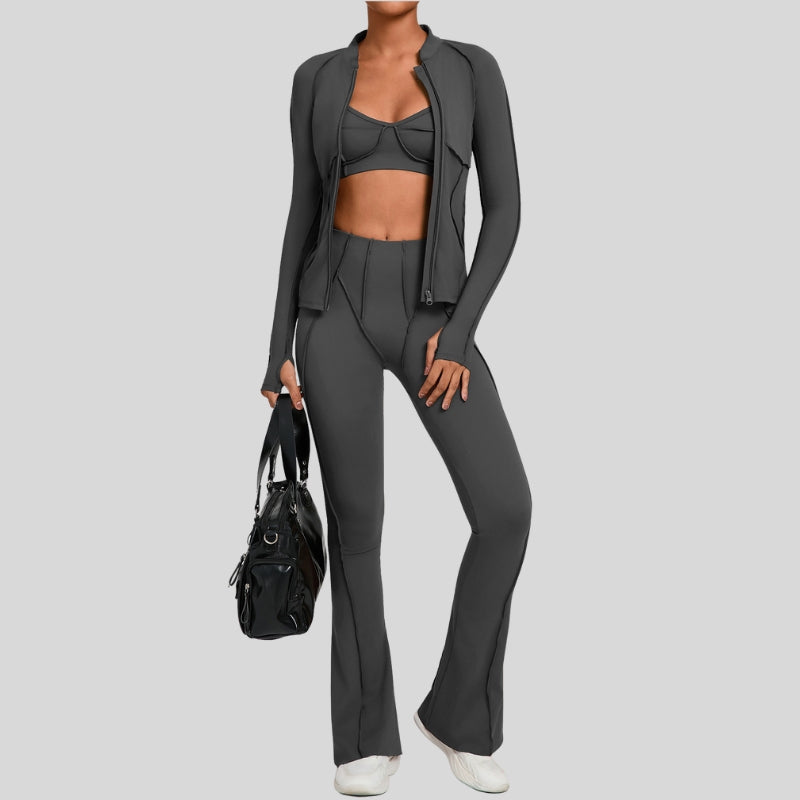 Thumb-buckle zipper jacket + slightly flared pants + sports bra 3-piece set