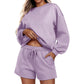 Round neck loose casual sweatshirt+Loose-fitting athletic shorts 2-piece set