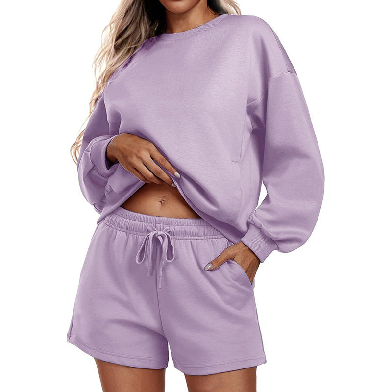 Round neck loose casual sweatshirt+Loose-fitting athletic shorts 2-piece set