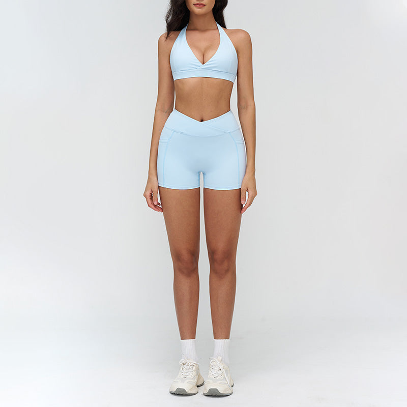 Halterneck backless bra + side pocket design shorts 2-piece set