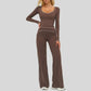 Color-blocked long-sleeved sports top+ High-waisted wide-leg pants 2-piece set