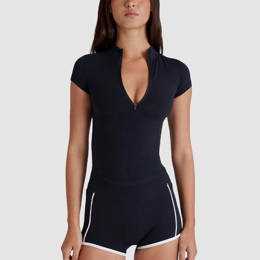Wholesale Women's Zip-Up Short Sleeve Top & Shorts Set – Athletic Two-Piece
