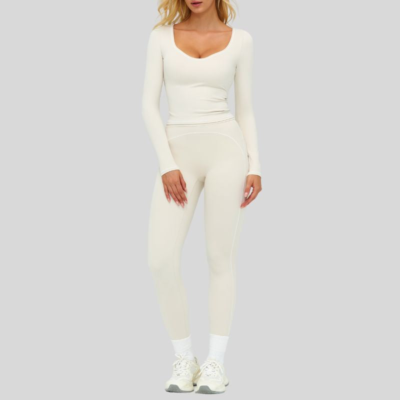 Color-blocked long-sleeved sports top+High waisted leggings 2-piece set
