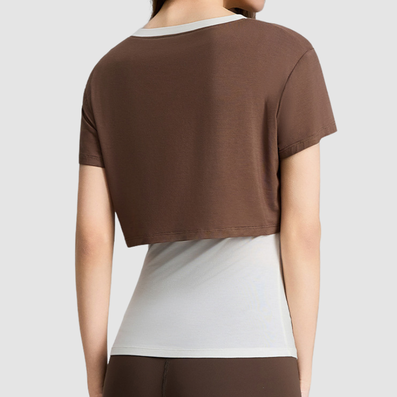 Wholesale Women's Color-Block Faux Two-Piece Yoga Short-Sleeve Top