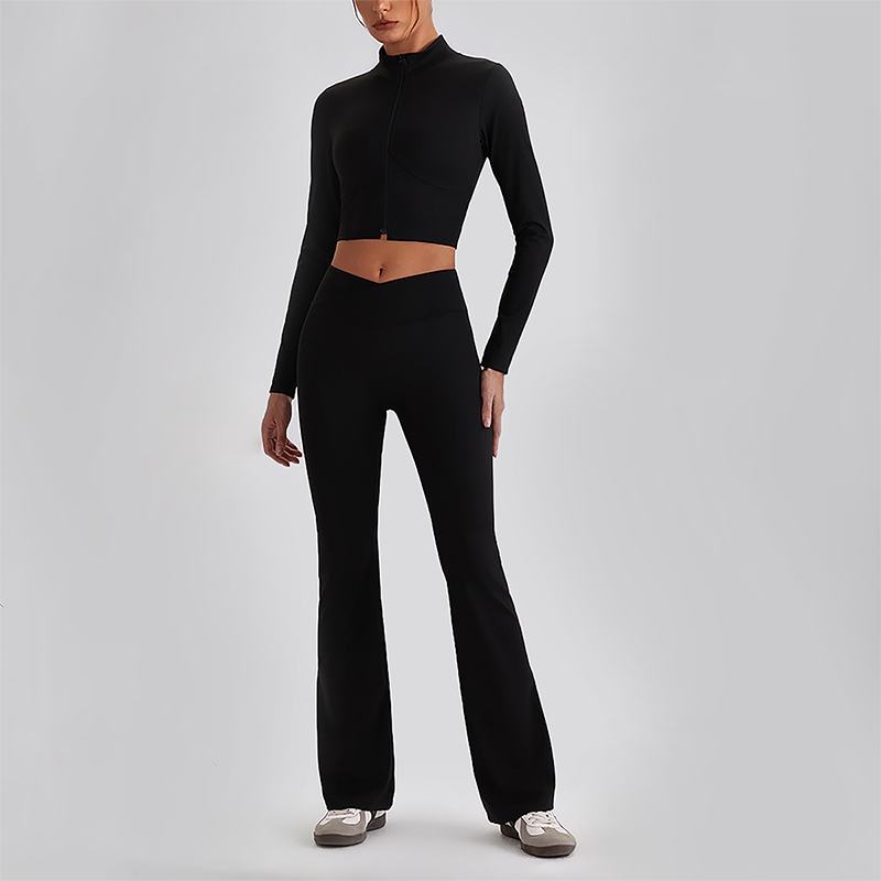 Wholesale Women's Zip-Up Long Sleeve Crop Top & High Waist Leggings Set