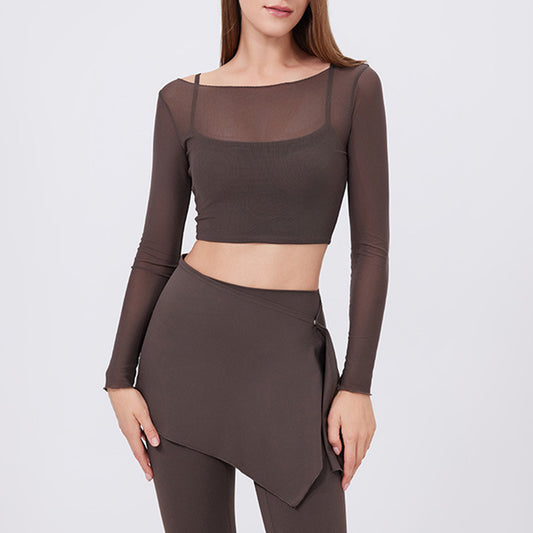 Wholesale Faux Two-Piece Mesh Off-the-Shoulder Long-Sleeve | Wonderxfans bulk activewear
