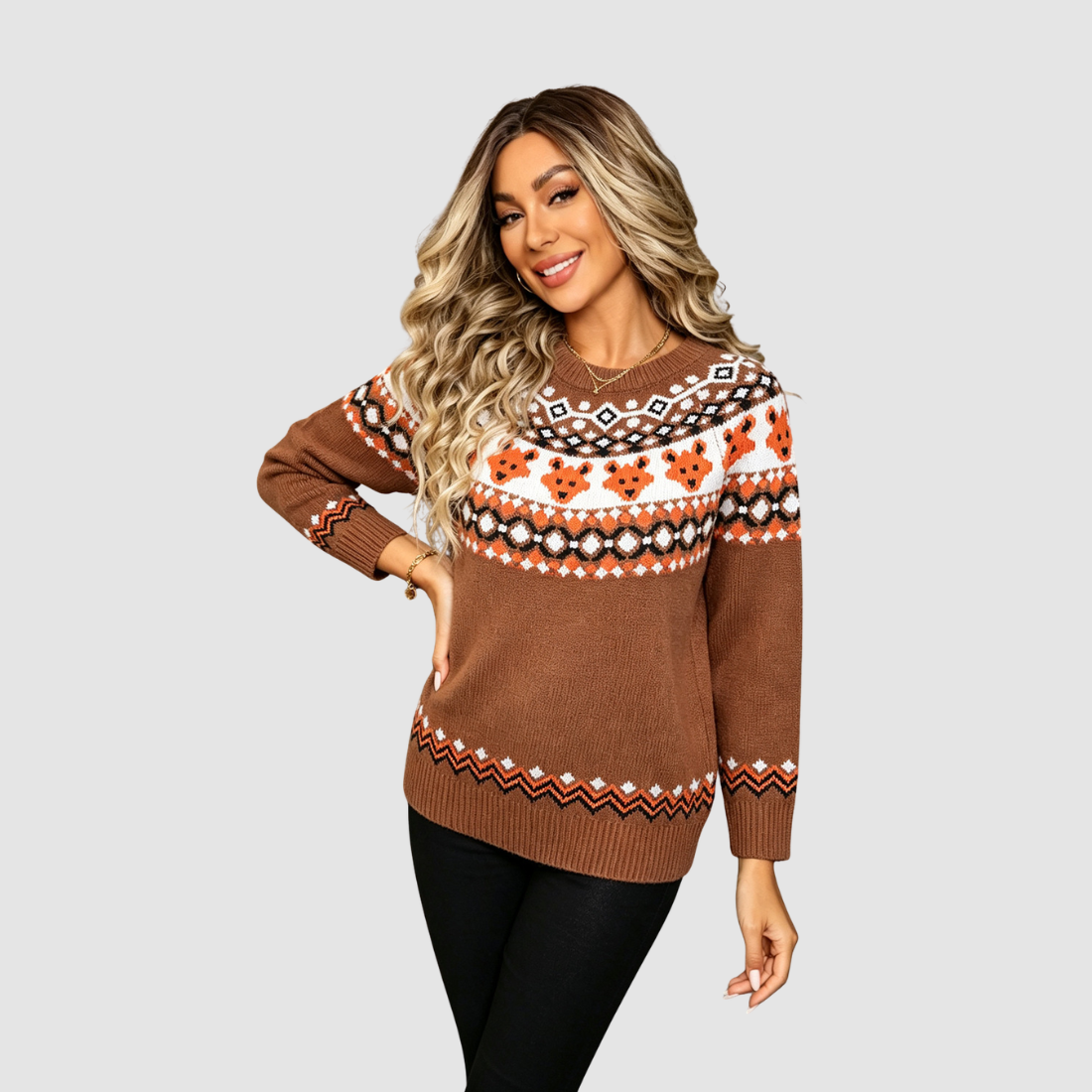 Wholesale Women's Halloween Witch Fox Knit Sweater – Round-Neck Pullover